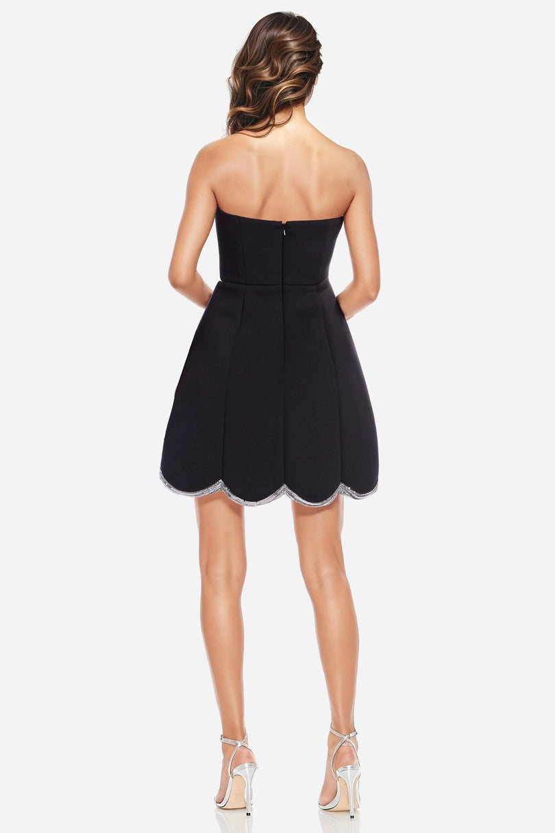 Black/Silver Strapless Mini Satin Cocktail Dress Scalloped Hem Detail One 33 Social MC0123