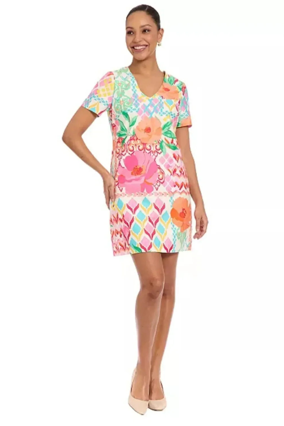 London Times White and Pink Floral V Neck Pleated Midi Dress T10327M
