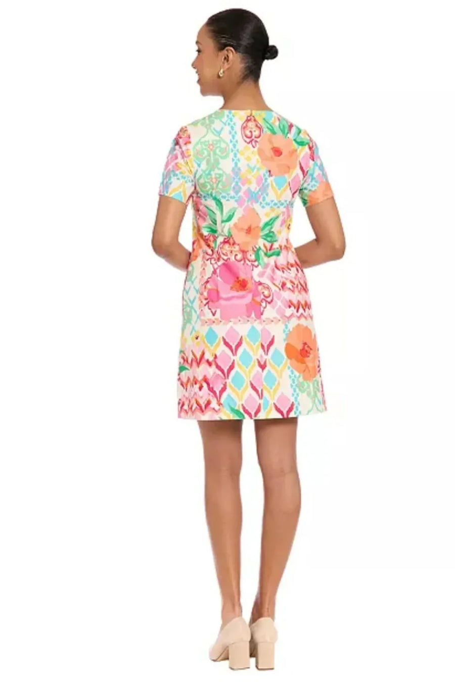London Times White and Pink Floral V Neck Pleated Midi Dress T10327M