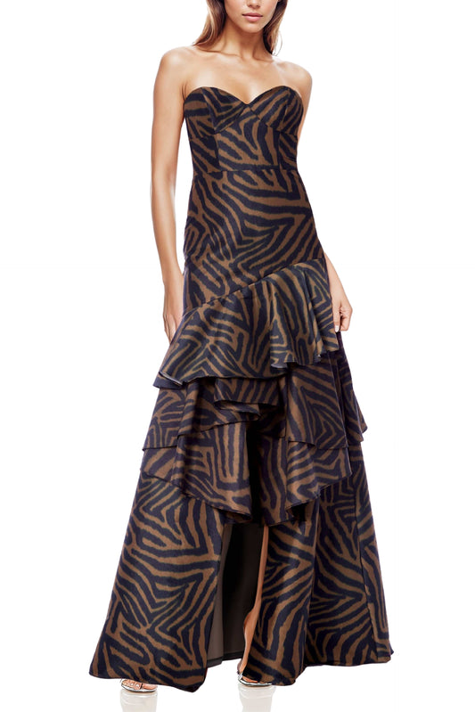 One 33 Social Blair Printed Strapless Sweetheart Open Back Ruffled Mermaid Gown Dress - BLACK BROWN - Front