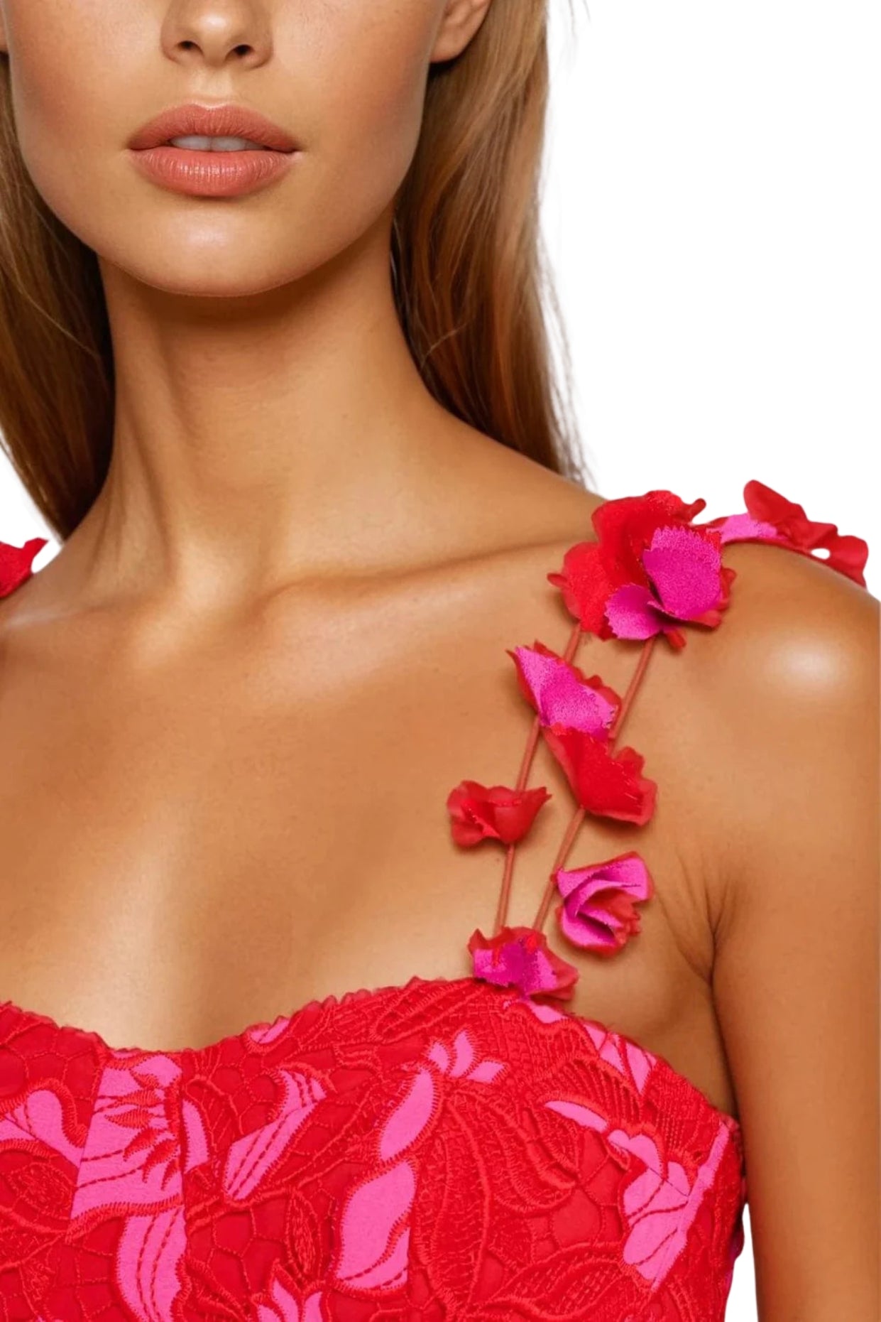 One33 Social Athena Sweetheart Neckline Floral Applique Straps Sleeveless Side Zipper Closure Fit Bodice Flared Pink Lace A-Line Midi Dress