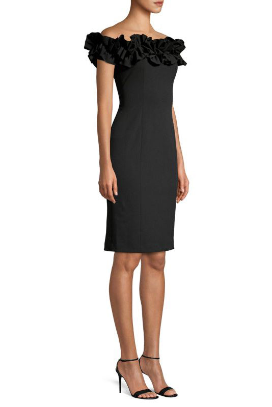 Aidan Mattox Crepe Floral Trim Neckline Stretch Floral Off-the-Shoulder Sheath Dress - black - side