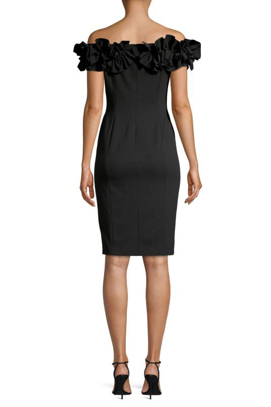 Aidan Mattox Crepe Floral Trim Neckline Stretch Floral Off-the-Shoulder Sheath Dress - BLACK - Back