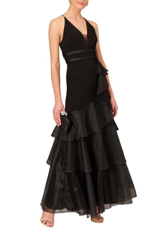 Aidan Mattox Tiered Halter Trumpet Ruffled Long Dress - BLACK - FRONT FULL VIEW