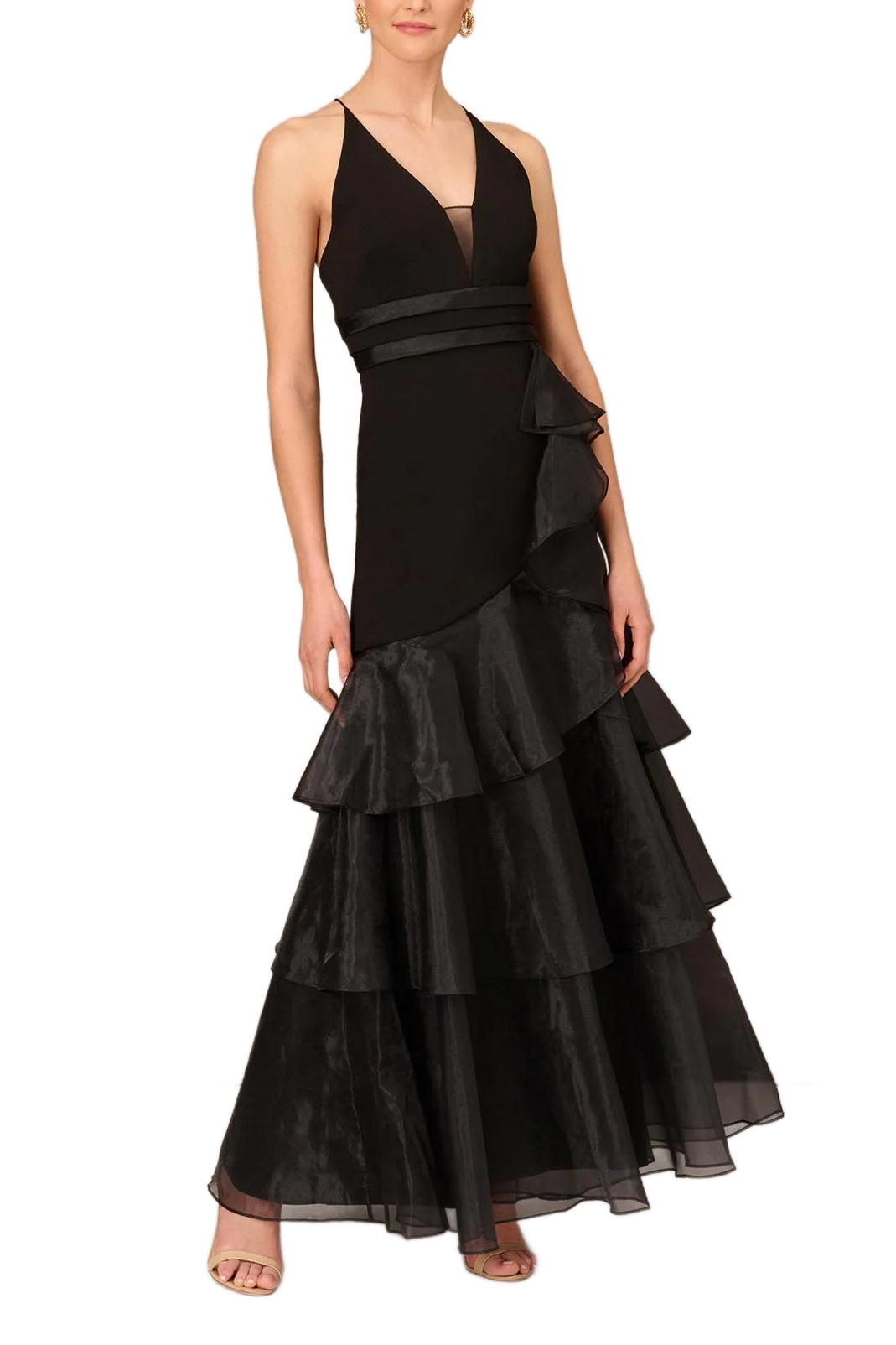 Aidan Mattox Tiered Halter Trumpet Ruffled Long Dress - BLACK - FRNT VIEW