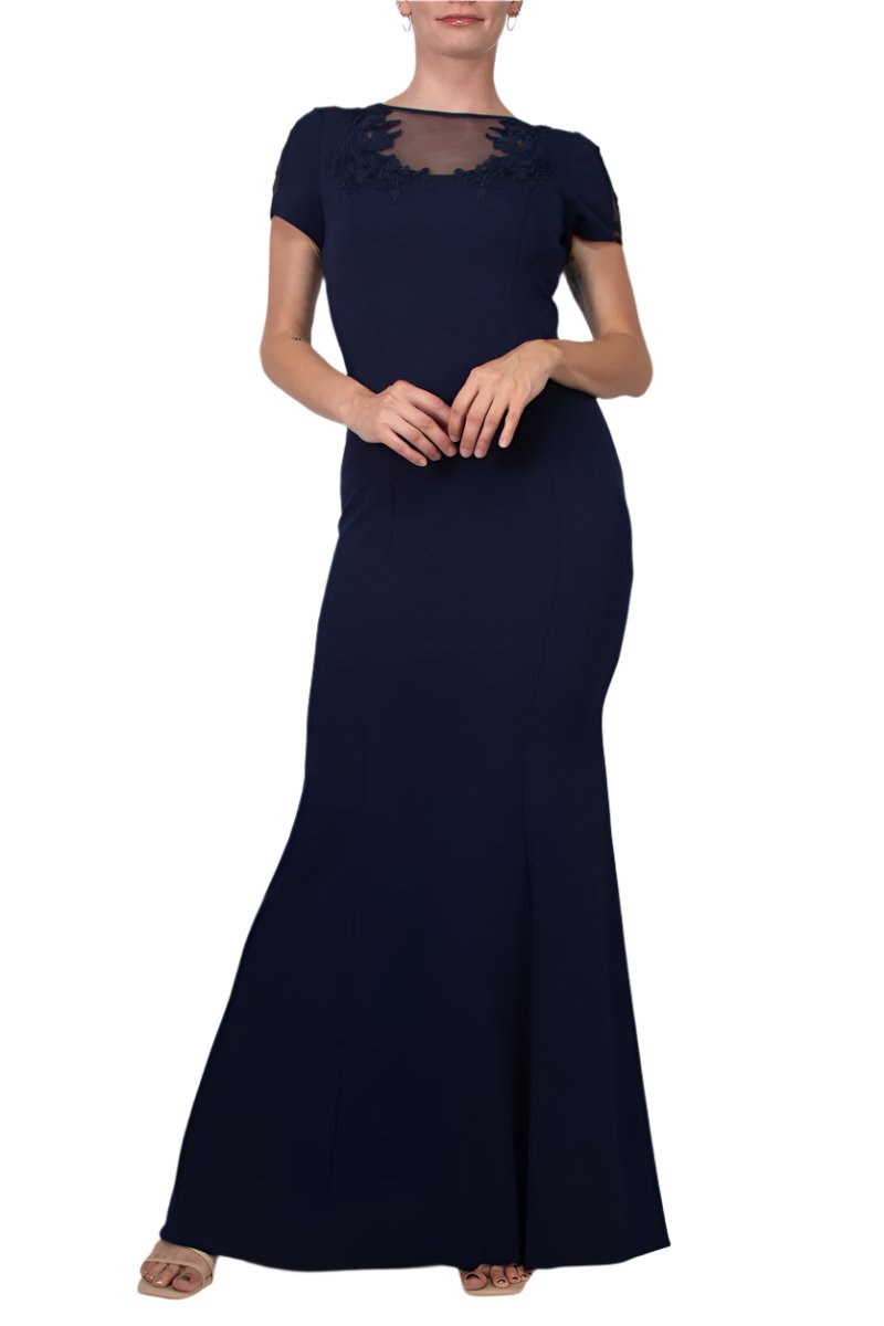 Aidan Mattox Illusion Embellished Crew Neck Short Sleeve Trumpet Keyhole Back Concealed Zipper Back Crepe Gown -  NAVY - FRONT VIEW