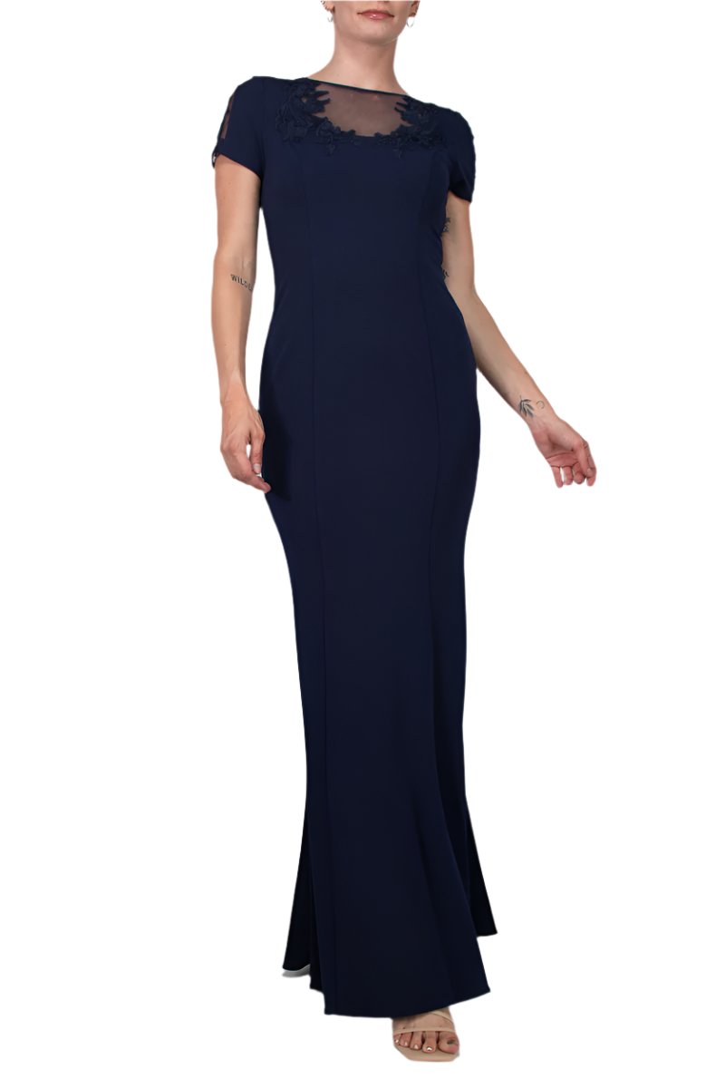 Aidan Mattox Illusion Embellished Crew Neck Short Sleeve Trumpet Keyhole Back Concealed Zipper Back Crepe Gown -  NAVY - FRONT 