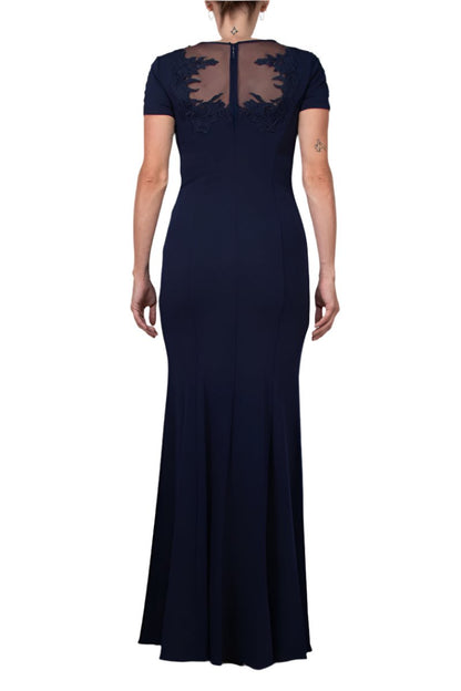 Aidan Mattox Illusion Embellished Crew Neck Short Sleeve Trumpet Keyhole Back Concealed Zipper Back Crepe Gown -  NAVY - BACK