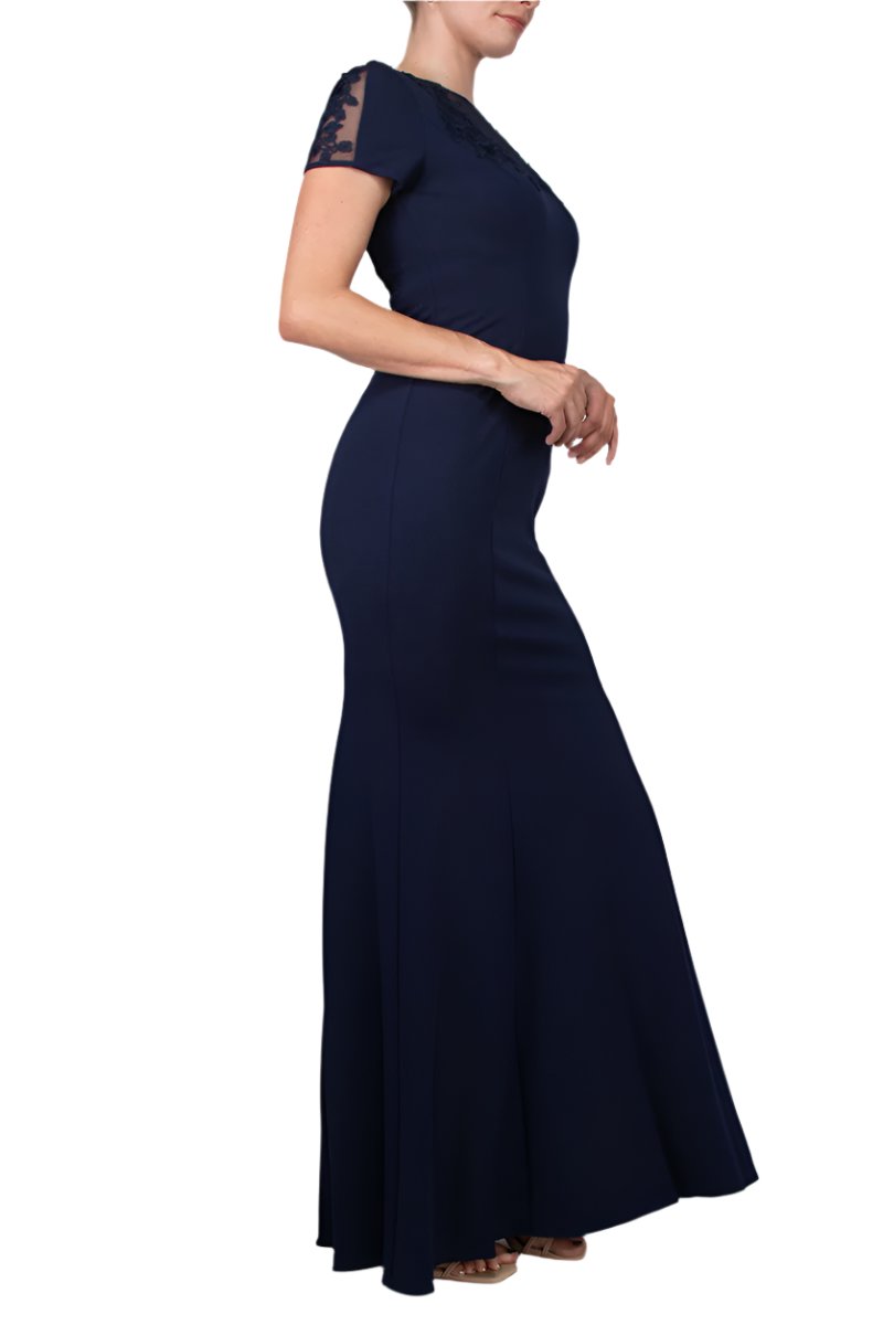 Aidan Mattox Illusion Embellished Crew Neck Short Sleeve Trumpet Keyhole Back Concealed Zipper Back Crepe Gown -  NAVY - SIDE