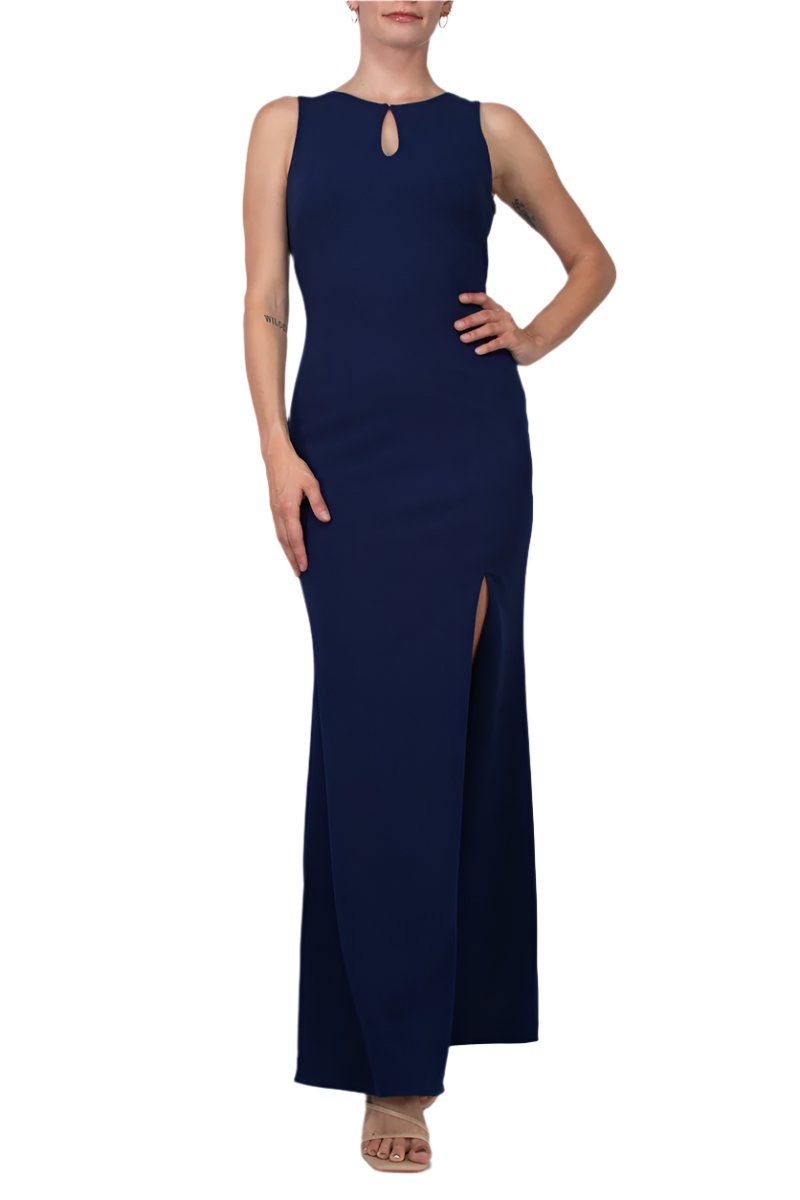 Aidan Mattox Keyhole Neck Sleeveless Beaded Sequin Rhinestone Back Keyhole Front Zipper Side Stretch Crepe Dress - NAVY - Front