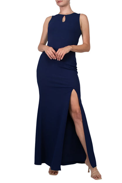 Aidan Mattox Keyhole Neck Sleeveless Beaded Sequin Rhinestone Back Keyhole Front Zipper Side Stretch Crepe Dress - NAVY - Front View