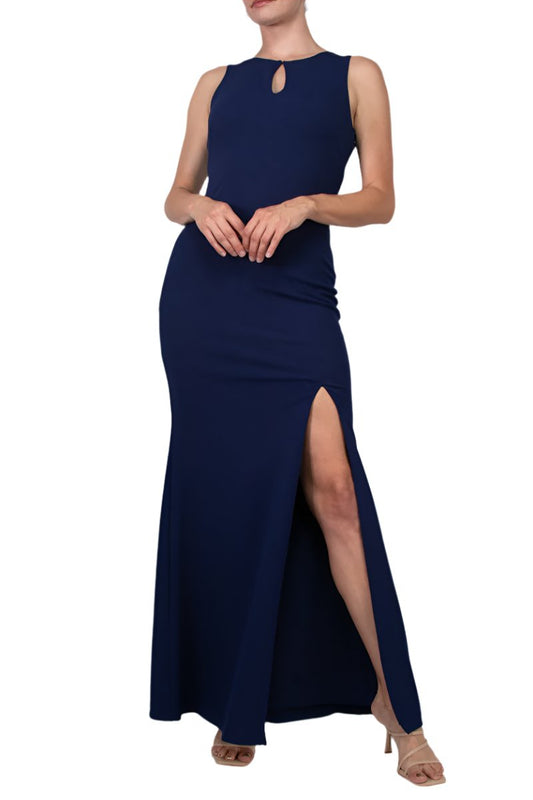 Aidan Mattox Keyhole Neck Sleeveless Beaded Sequin Rhinestone Back Keyhole Front Zipper Side Stretch Crepe Dress - NAVY - Front View