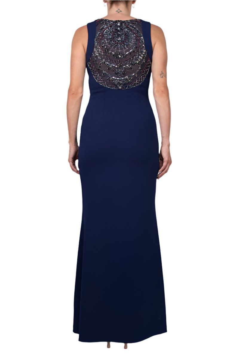 Aidan Mattox Keyhole Neck Sleeveless Beaded Sequin Rhinestone Back Keyhole Front Zipper Side Stretch Crepe Dress - NAVY - Back