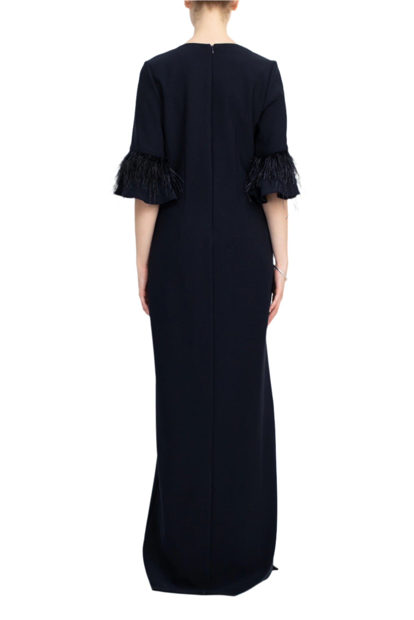 Aidan Mattox V- Neck 3/4 Feathered Bell Sleeves Back Zipper High Thigh Slit Maxi Dress - TWILIGHT - BACK 