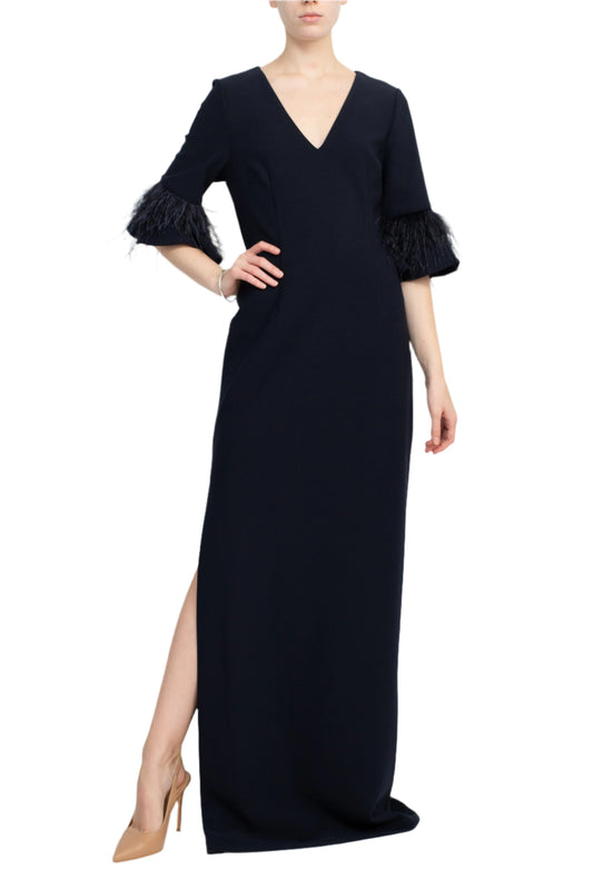 Aidan Mattox V- Neck 3/4 Feathered Bell Sleeves Back Zipper High Thigh Slit Maxi Dress - TWILIGHT - FRONT