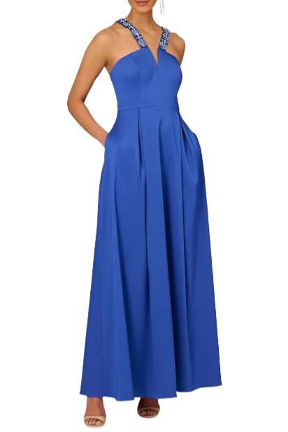 Aidan Mattox V-Neck Mikado Ball Gown - ROYAL SAPPHIRE - Front