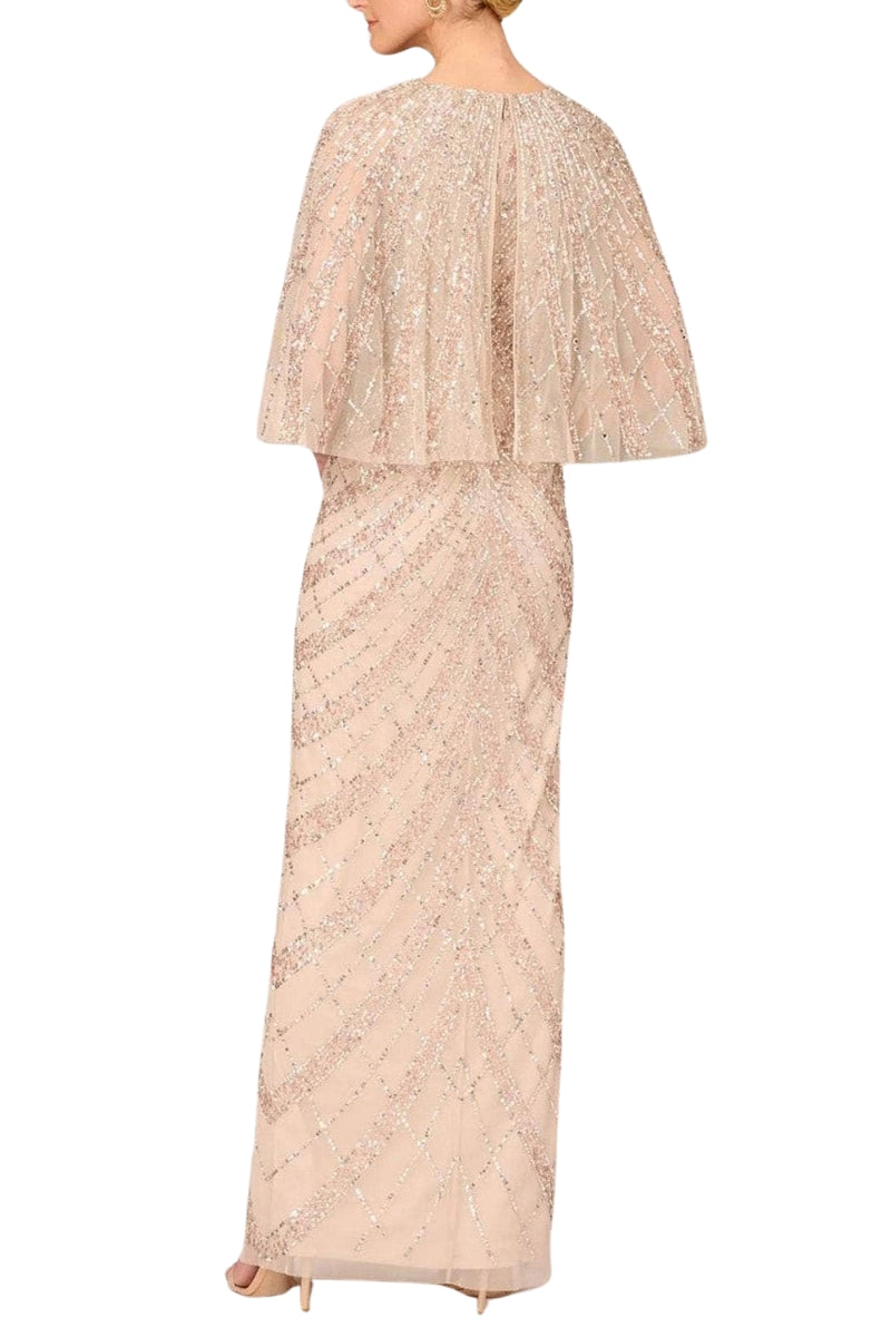 Aidan Mattox V-Neck Cape Sleeve Sheath Zipper Back Slit Front Embellished Mesh Dress - BLUSH - Back