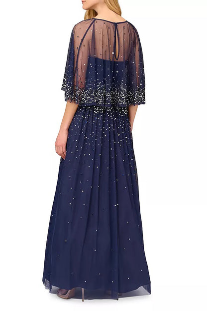 Aidan Mattox Beaded Strapless Ball Gown with Removeable Beaded Cape - Wholesale - NAVY - Back 