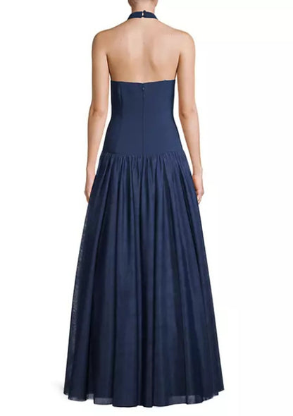 Aidan Mattox Halter Neckline Sleeveless Drop Waist Ball Gown - NAVY - BACK