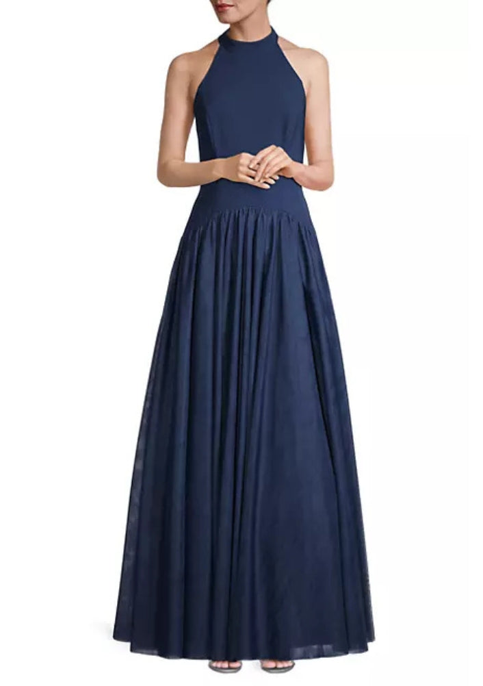 Aidan Mattox Halter Neckline Sleeveless Drop Waist Ball Gown - NAVY - FRONT