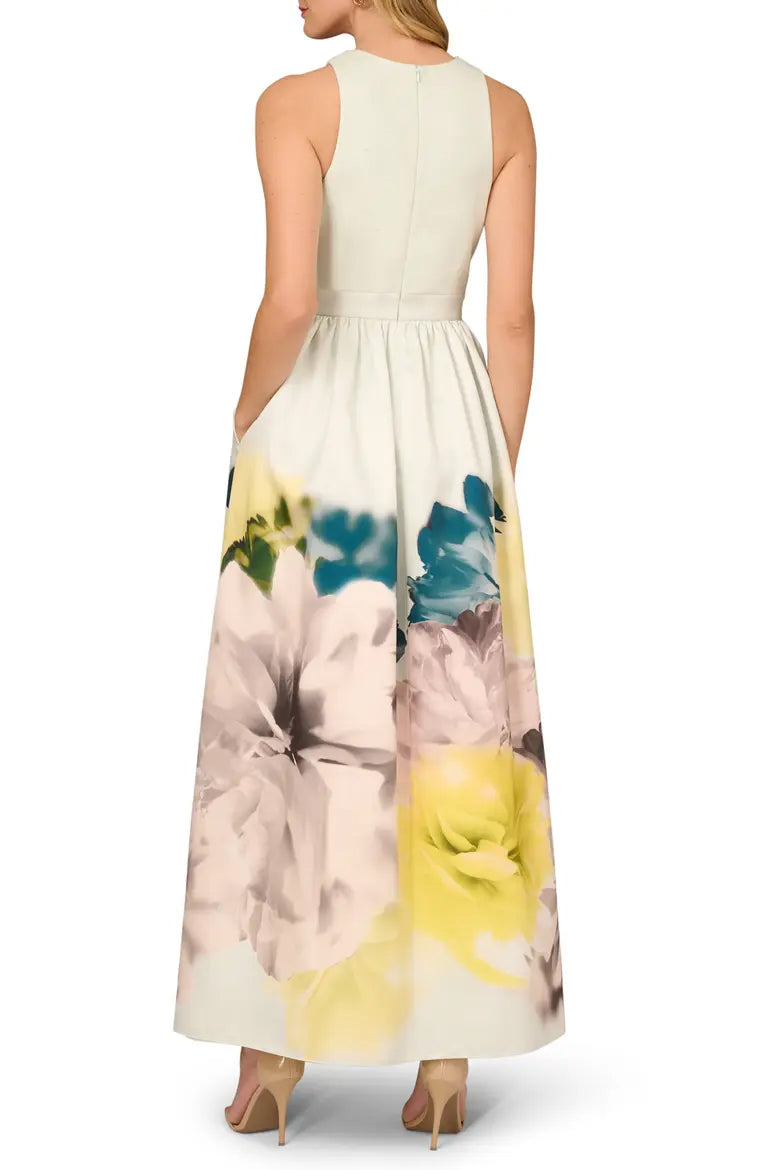 Aidan Mattox Floral Print Twill Maxi Dress - YELLOW MULTI - BACK 