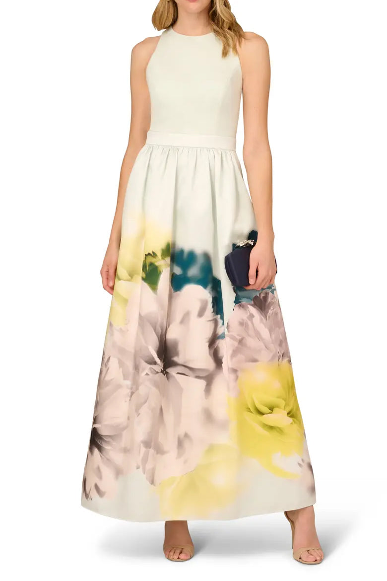 Aidan Mattox Floral Print Twill Maxi Dress - YELLOW MULTI - FRONT