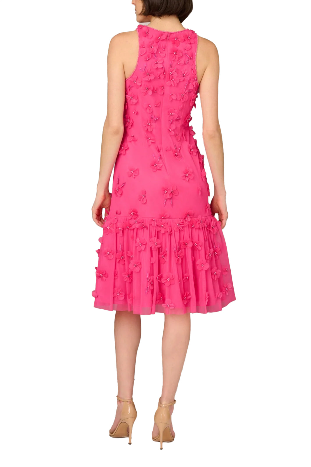 Aidan Mattox Crew Neckline Subtle Beaded Floral Details Flounce Skirt Halter Bodice Midi Dress - ELECTRIC PINK - Back