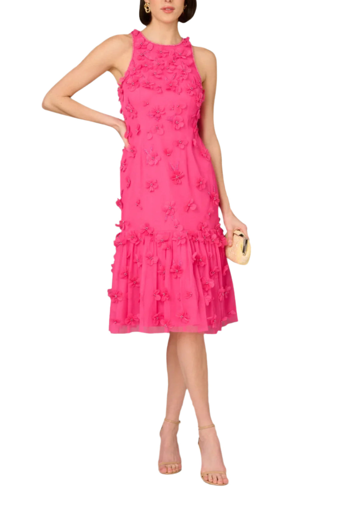 Aidan Mattox Crew Neckline Subtle Beaded Floral Details Flounce Skirt Halter Bodice Midi Dress - ELECTRIC PINK - Front