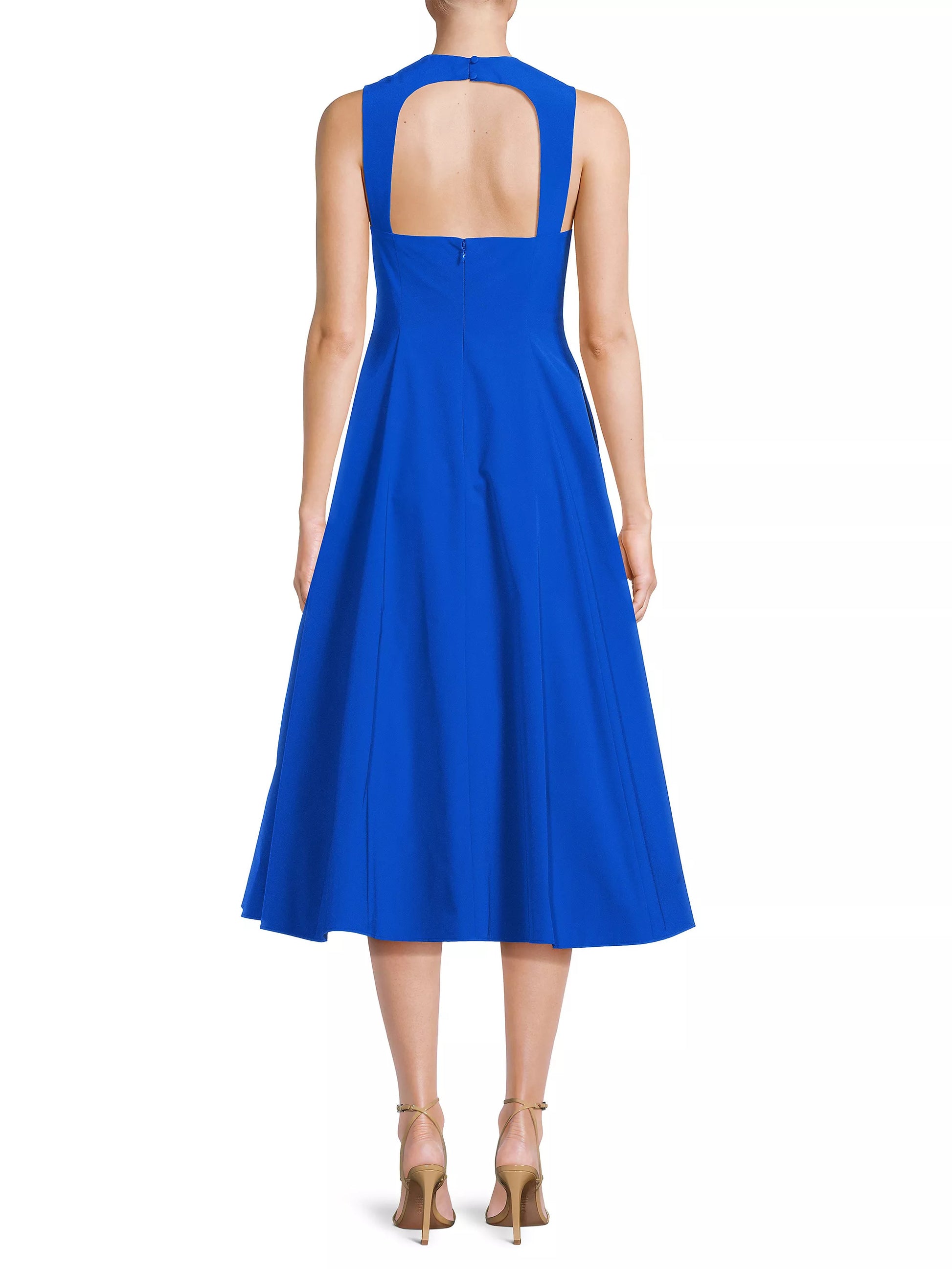 Aidan Mattox Sweetheart Neckline Halter Straps Open Back Concealed Clasp Closure Taffeta Fit and Flare Midi Dress - BRILLIANT SAPPHIRE - Back