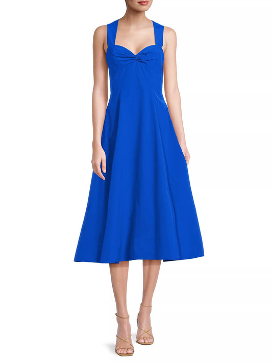 Aidan Mattox Sweetheart Neckline Halter Straps Open Back Concealed Clasp Closure Taffeta Fit and Flare Midi Dress - BRILLIANT SAPPHIRE - Front