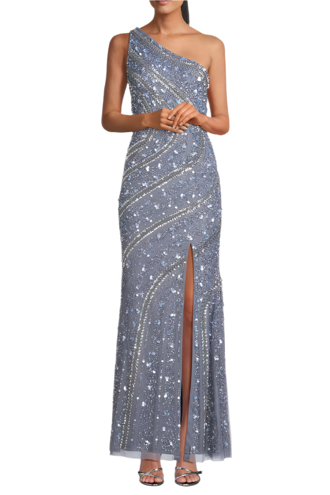 Aidan Mattox Beaded Sequin One-Shoulder Gown