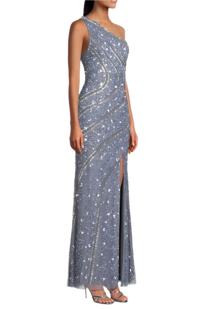 Aidan Mattox Beaded Sequin One-Shoulder Gown