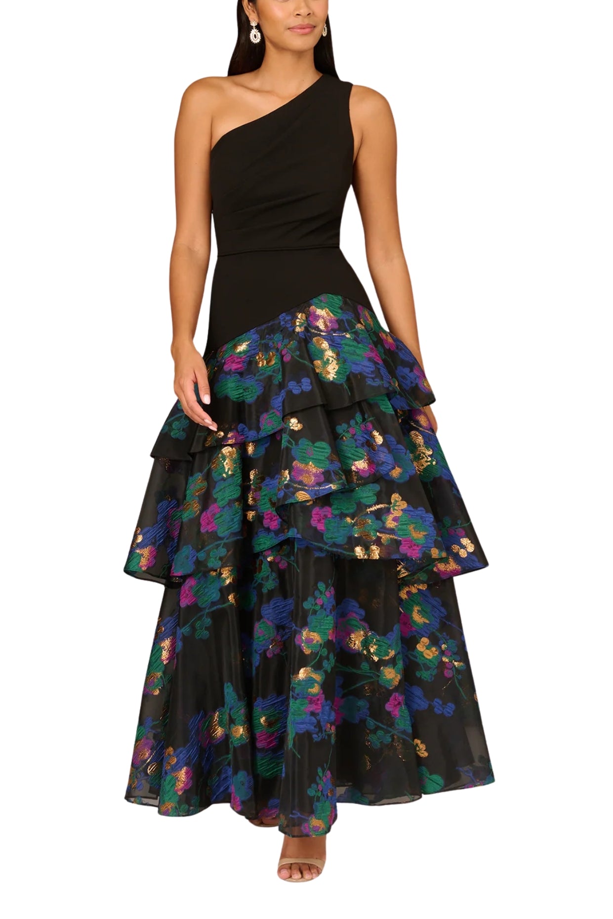 Aidan Mattox Floral Jacquard One Shoulder Sleeveless Asymmetrical Drop Waist Tiered Gown - BLACK MULTI - Front 