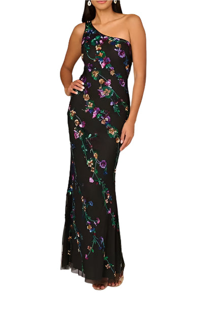 Aidan Mattox Beaded Mesh One Shoulder Sleeveless Mermaid Gown