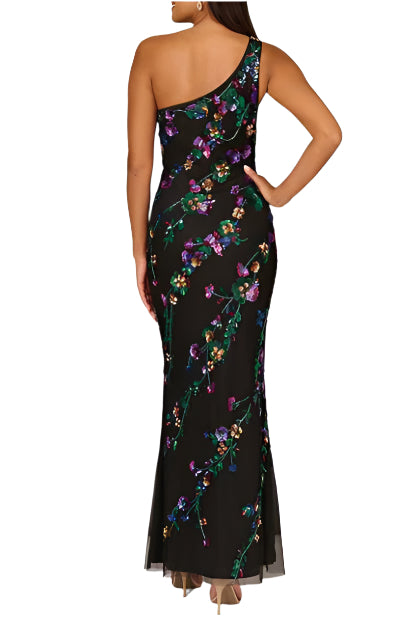 Aidan Mattox Beaded Mesh One Shoulder Sleeveless Mermaid Gown