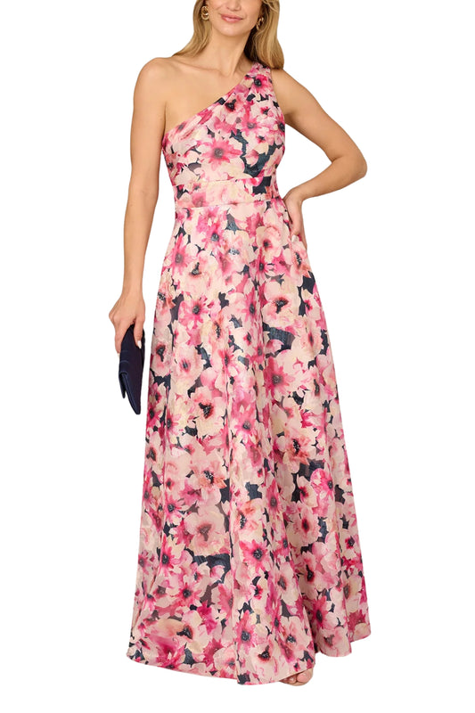 Aidan Mattox Floral Print Jacquard One-Shoulder Sleeveless with Pockets Ball Gown - HOT PINK MULTI - Full Front View