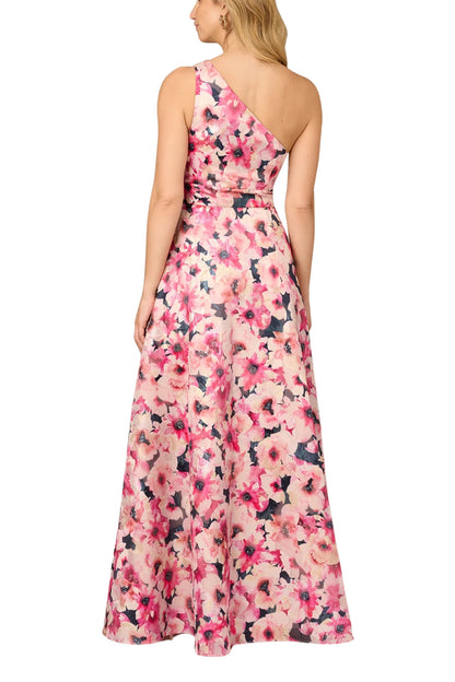 Aidan Mattox Floral Print Jacquard One-Shoulder Sleeveless with Pockets Ball Gown - HOT PINK MULTI - Back