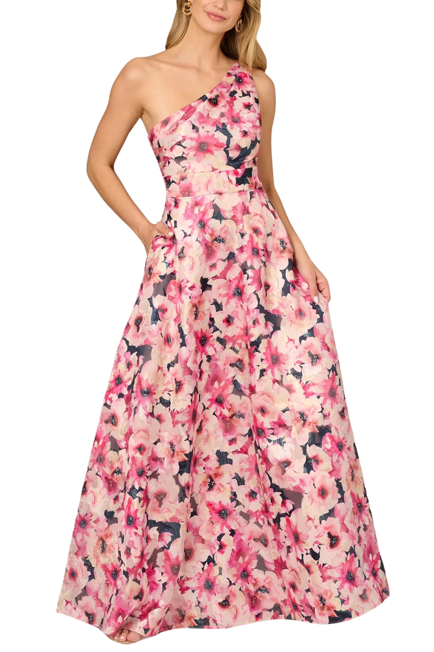 Aidan Mattox Floral Print Jacquard One-Shoulder Sleeveless with Pockets Ball Gown - HOT PINK MULTI - Front