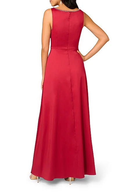 Aidan Mattox Plunging V-Neckline Sleeveless Straight Hemline Mikado Column Dress - MATADOR RED - Back