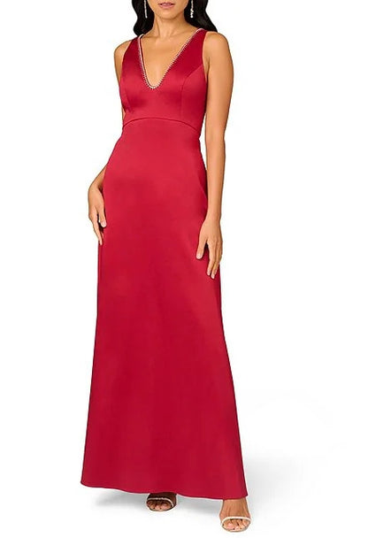 Aidan Mattox Plunging V-Neckline Sleeveless Straight Hemline Mikado Column Dress - MATADOR RED - Front