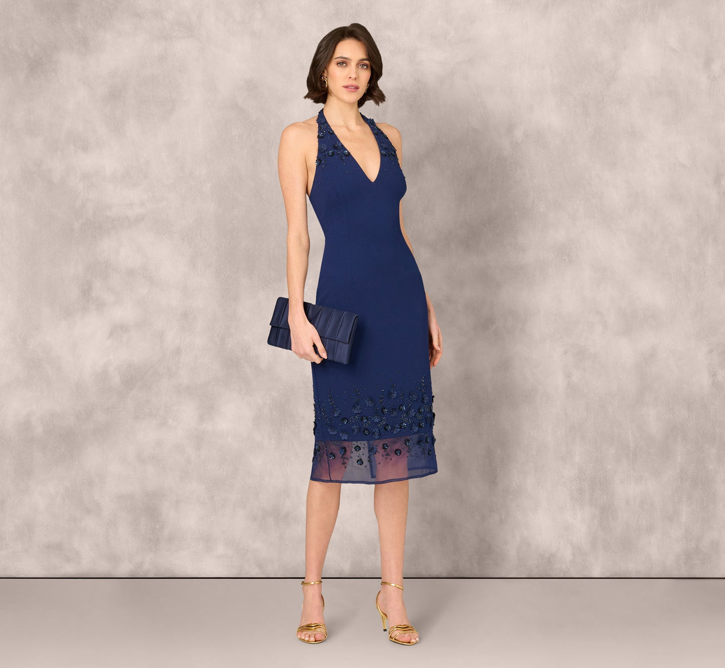Halter Midi Crepe Formal Sheath Dress Adrianna Papell ML1E209511