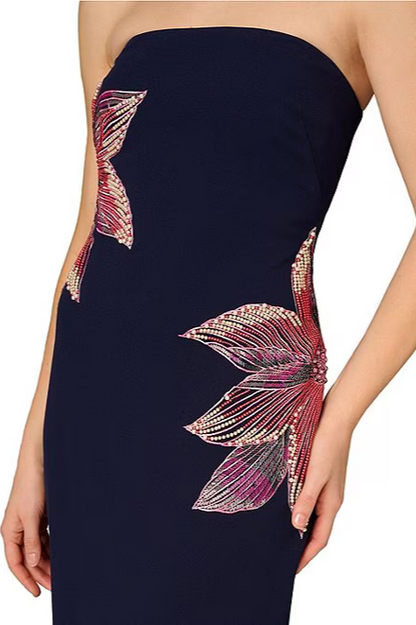 Aidan Mattox Beaded Floral Strapless Sleeveless Bodice High Back Slit Column Silhouette Gown Dress