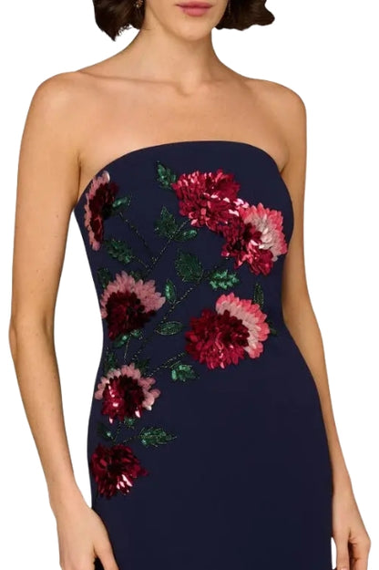 Aidan Mattox Strapless Sleeveless Floral Embellished Bodice Straight Column Silhouette Side Hem Slit Maxi Dress