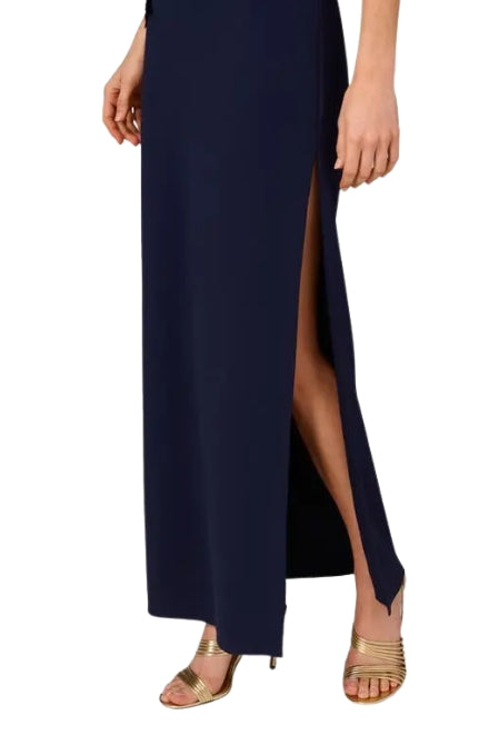 Aidan Mattox Strapless Sleeveless Floral Embellished Bodice Straight Column Silhouette Side Hem Slit Maxi Dress