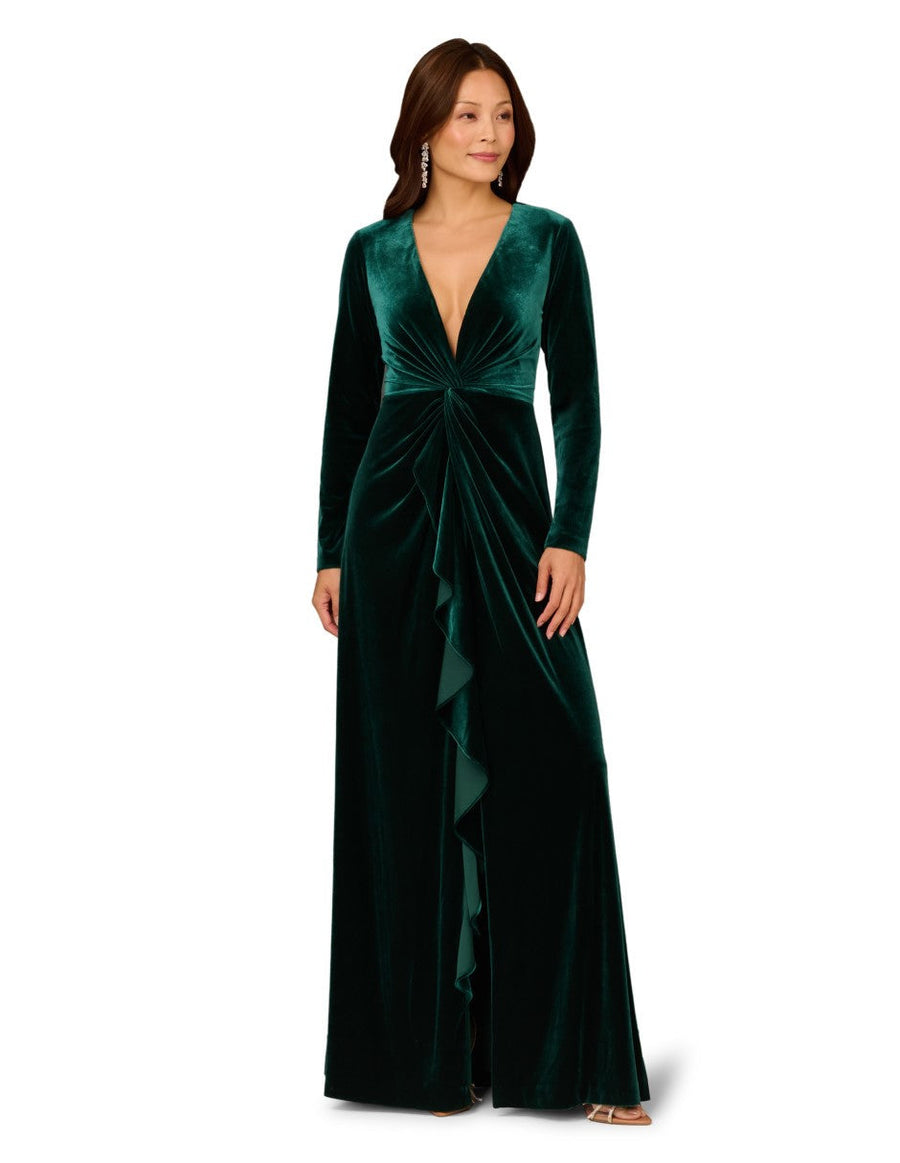 Aidan Mattox MD1E209722 V-Neck Long Velvet Evening Ruffle Gown