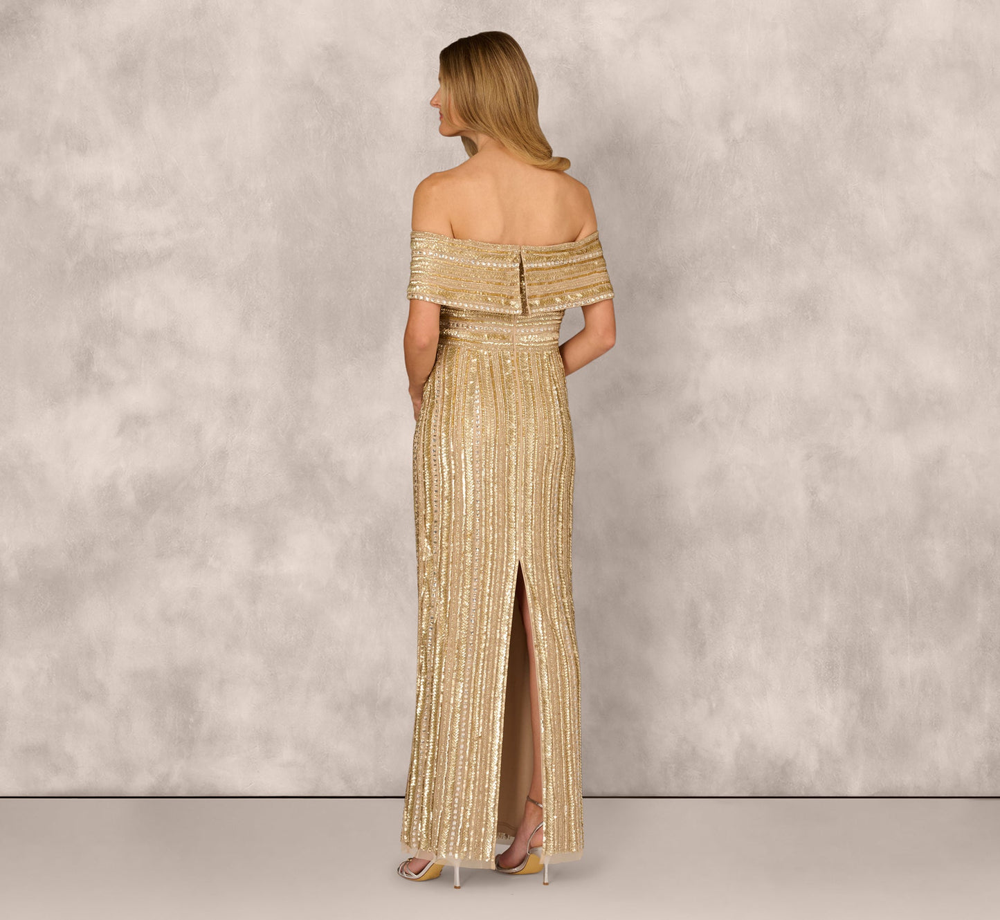 Off Shoulder Sequin Bead Column Gown Adrianna Papell MD1E209782