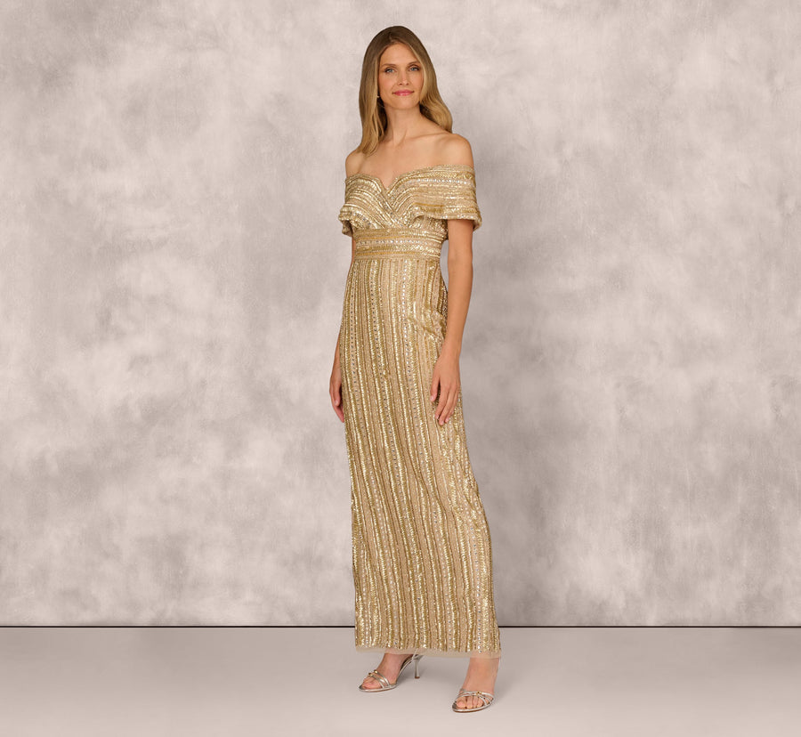 Off Shoulder Sequin Bead Column Gown Adrianna Papell MD1E209782