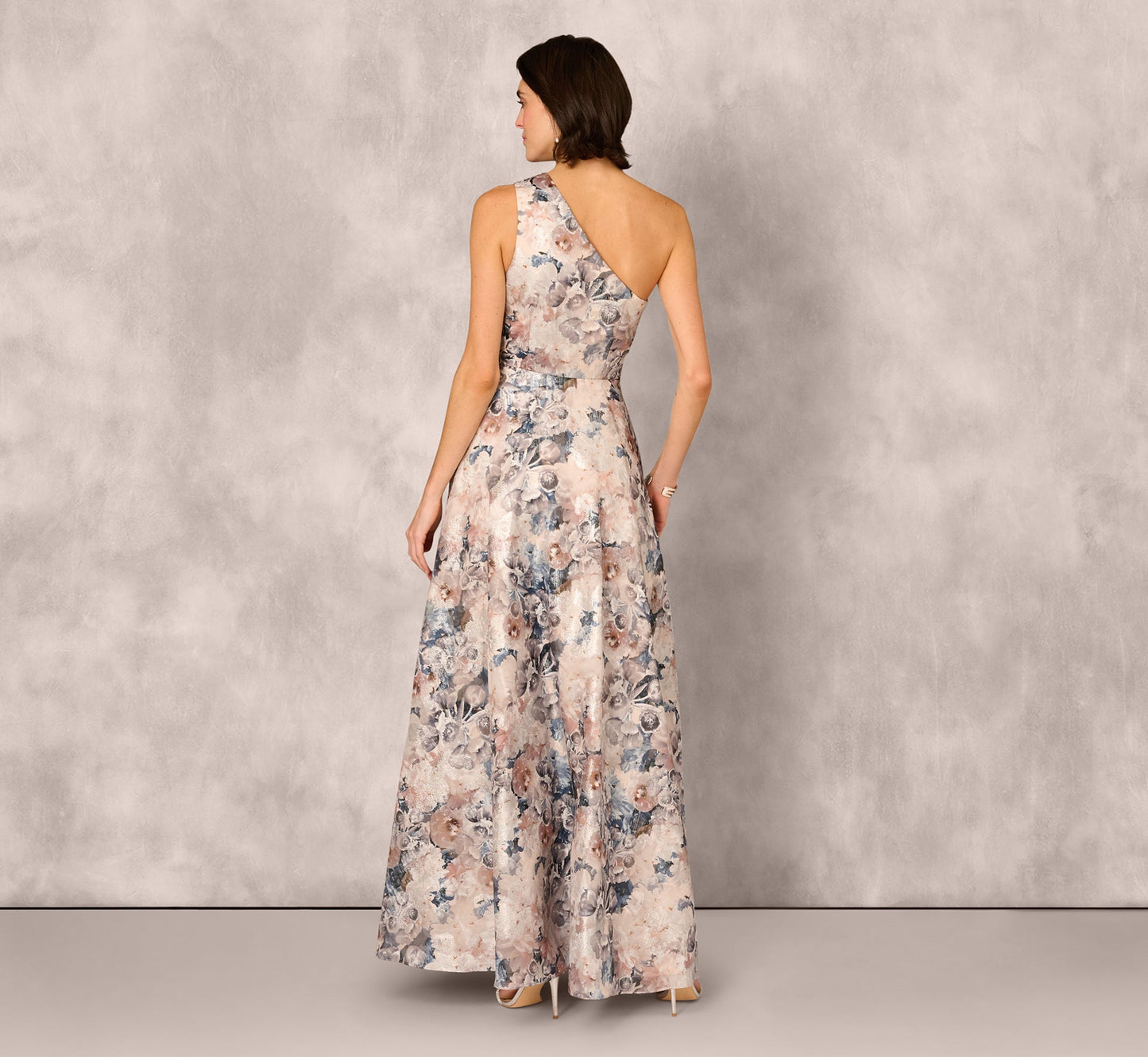 One Shoulder Floral Jacquard Ruffle Gown Adrianna Papell MD1E209791
