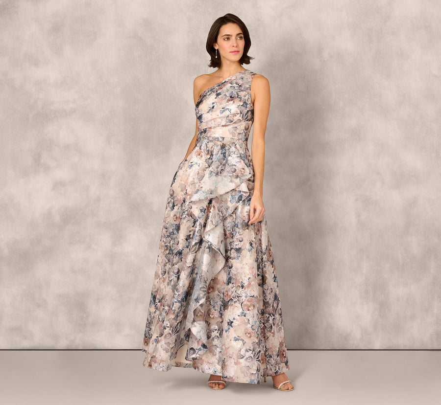 One Shoulder Floral Jacquard Ruffle Gown Adrianna Papell MD1E209791