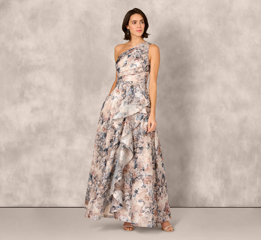 One Shoulder Floral Jacquard Ruffle Gown Adrianna Papell MD1E209791